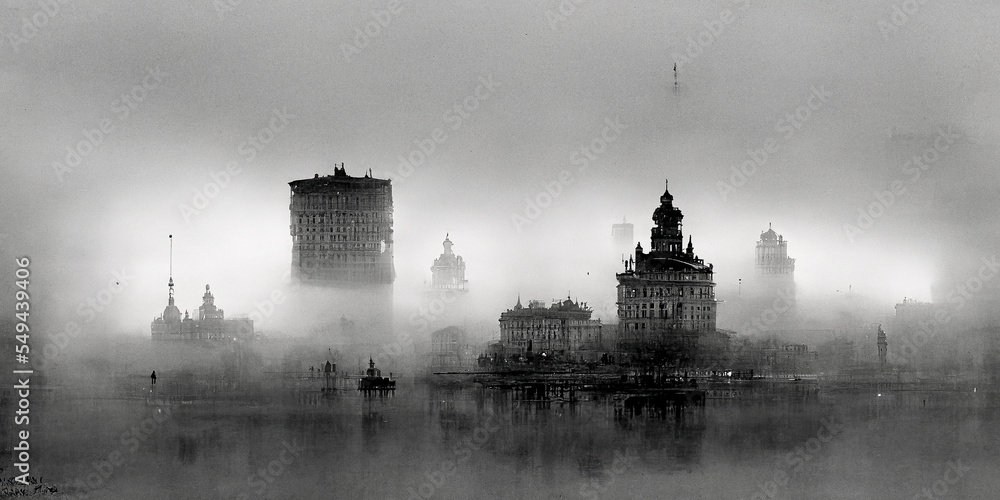 Naklejka premium The cityscape is ethereal and enigmatic, shrouded in a mysterious haze that highlights the silhouettes of buildings and skyscrapers. It is intense and creative, catching the eye.