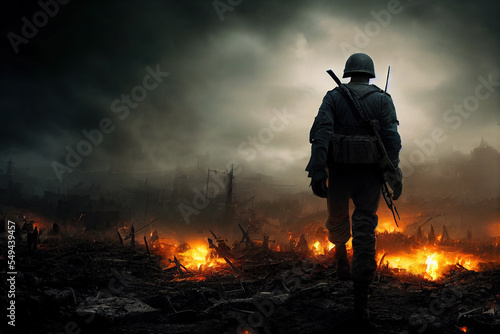 Splendid art of apocalyptic ruined landscape devastated by war, battlefield left with destroyed military tanks and dead trees as soldiers march towards. Digital art 3D illustration war concept. photo