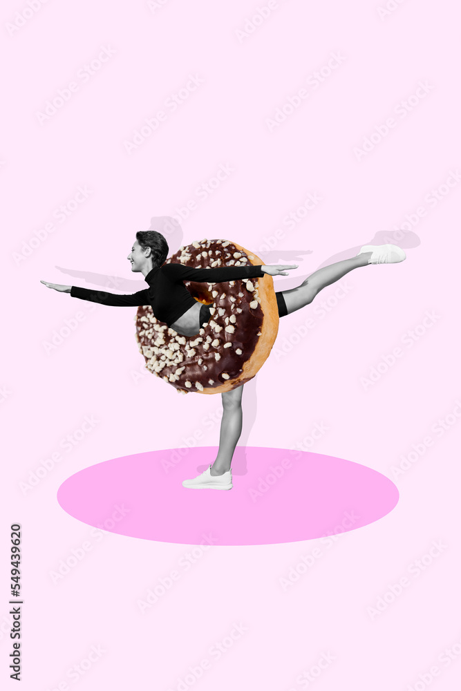 Creative photo 3d collage artwork postcard poster of young sporty girl practicing healthy life refuse sweets isolated on painting background - obrazy, fototapety, plakaty 