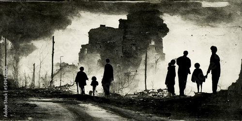 After a bombing, a silhouette of a person and their family can be seen walking through the streets. The image is powerful and evokes feelings of empathy for the victims. photo