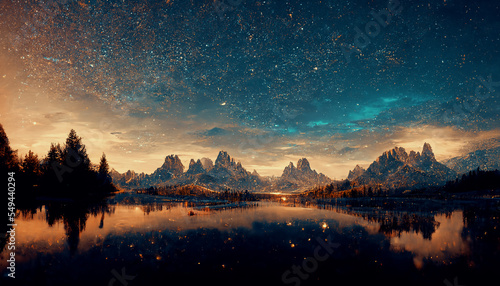 Tableau sur toile Spectacular nature background of beautiful mountain and lake in starry night with shimmering light, pixie dust
