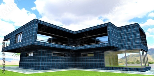 A great idea for green energy. Walls of the house finished with solar panels. 3d rendering.
