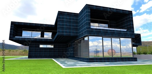 Amazing suburban house. Futuristic style. Photoelectrical walls covering. 3d rendering.