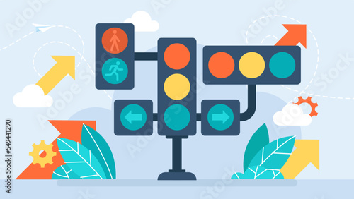 A traffic light with many departments. For pedestrians, transport. Various traffic lights show the way. Concept of rule, permission, prohibition, restriction, choice. Vector flat illustration