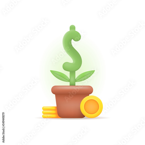 symbols of plants, pots and coins. set of icons about investment, economic and financial growth. 3d and realistic design. graphic elements