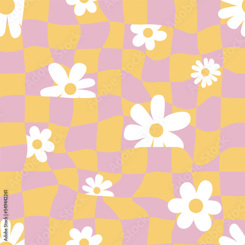 Seamless groovy checked and daisy pattern in 60s style. Hippy vector background. Colourful vintage textile, wrapping paper design.