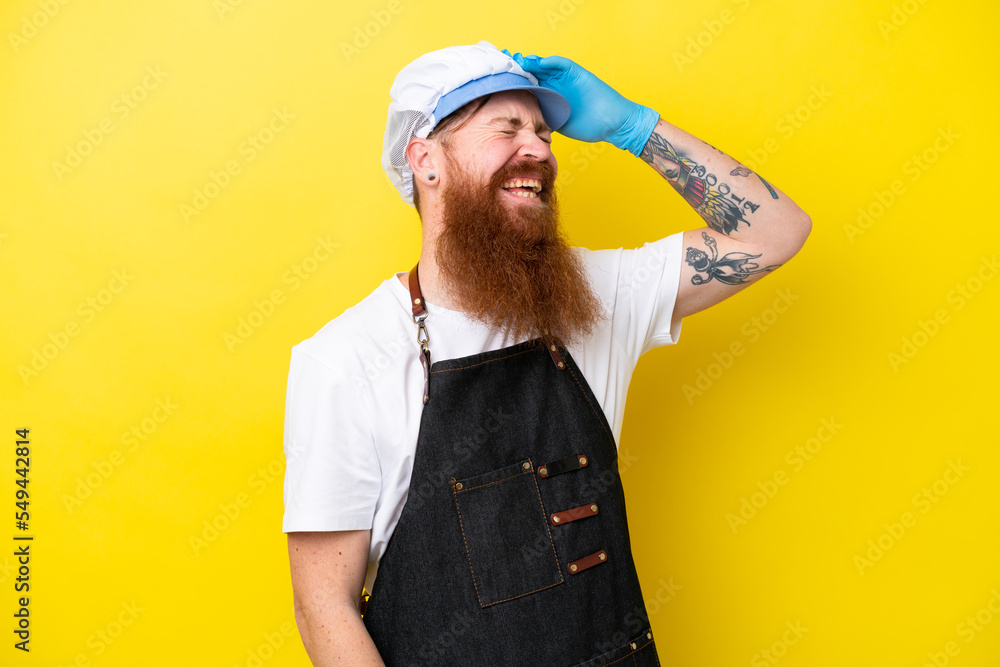 Fishmonger wearing an apron isolated on yellow background has realized something and intending the solution