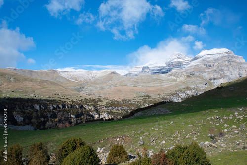 Aragonese Pyrenees, "The three Sorros": Monte Perdido, Cilindro and Añisclo. First snowfall in autumn November 2022. Aragon, Spain.