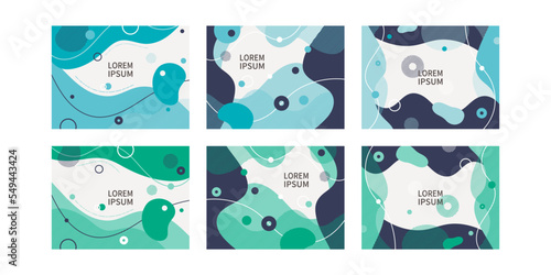 ミニマルでフラットで抽象的な背景イラストセット。無地の背景の上に流体の有機的な幾何学模様と波と円が動的に配置されている。