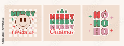 Ho ho ho and Merry Christmas groovy posters in trendy hippie retro 1970s style. Santa Claus messages. Vector illustration