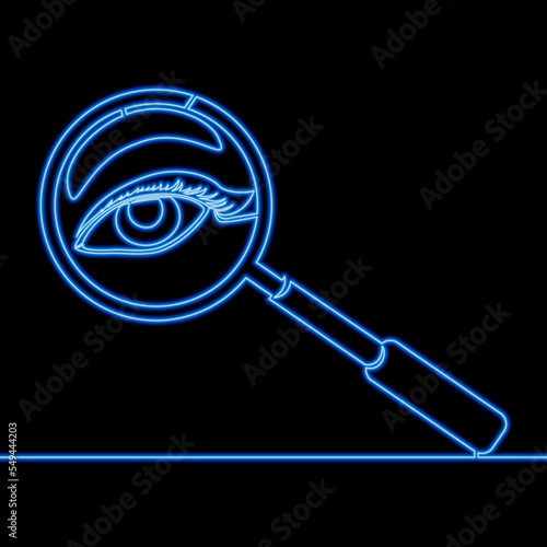 Continuous line drawing Magnifying glass and human eye inside icon neon glow vector illustration concept