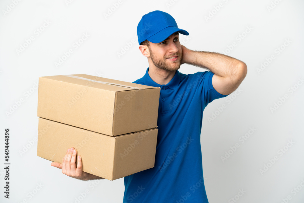 Delivery man over isolated white background having doubts Delivery man over isolated white background having doubts
