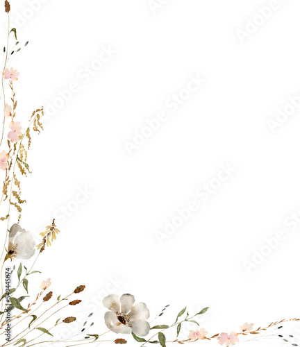 Wildflowers, herbs boho bouquet painted in watercolor. Dried pampas grass floral border. Botanical boho elements isolated on white. Wedding invitation, greeting, card, print, scrapbooking