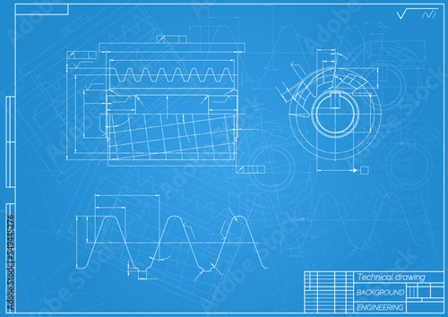 Mechanical engineering drawings on blue background. Cutting tools, milling cutter. Technical Design. Cover. Blueprint. Vector illustration.