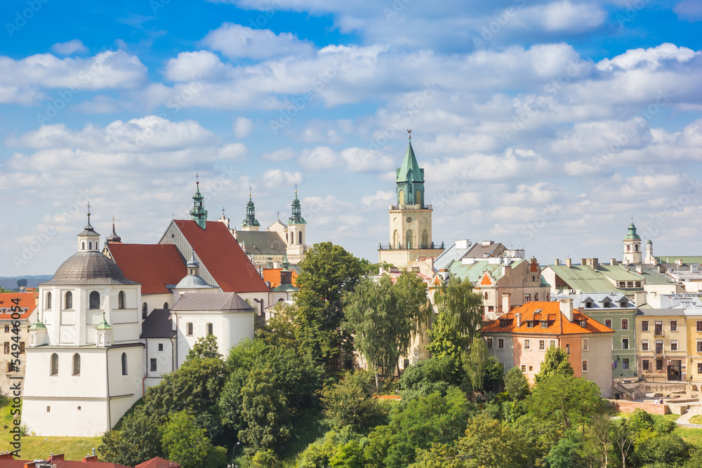 Obraz premium Church towers in the skyline of historic city Lublin, Poland