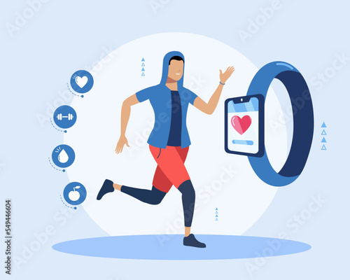 Man running with a smartwatch next to him giving exercise data and heart, weights and water icons. healthy living concept.