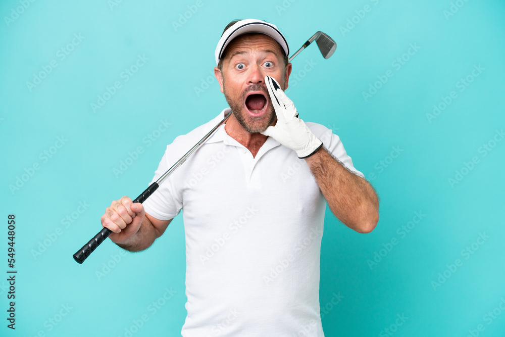 Middle age caucasian golfer player man isolated on blue background with surprise and shocked facial expression Middle age caucasian golfer player man isolated on blue background with surprise and shocked facial expression