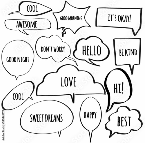 Set speech bubbles of cool, awesome, good night, cool, sweet dreams, happy, best, hi, love, don't worry, hello, be kind, it's okay, good morning, text, dialogue. Vector design illustration icon