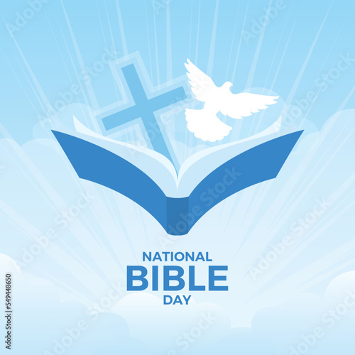 National Bible Day vector. Holy bible book, religious cross and holy spirit white dove on a blue heaven background vector. Christian feast illustration. Important day