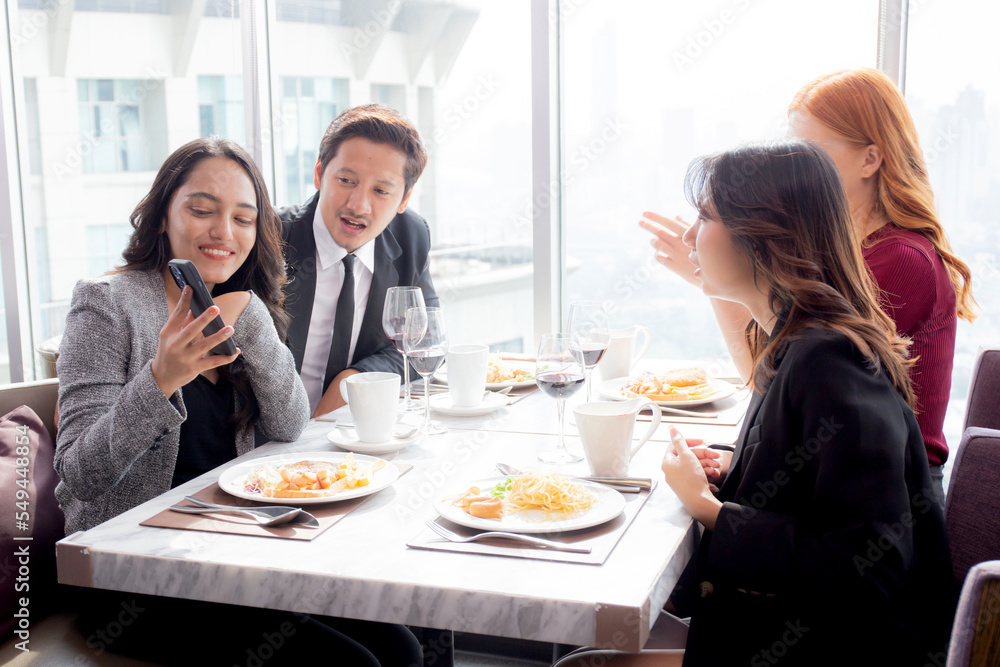 Happy team young business people in party celebrate success selfie taking a photo with friends together at restaurant, friendship and social colleague, meet friends and community concept.