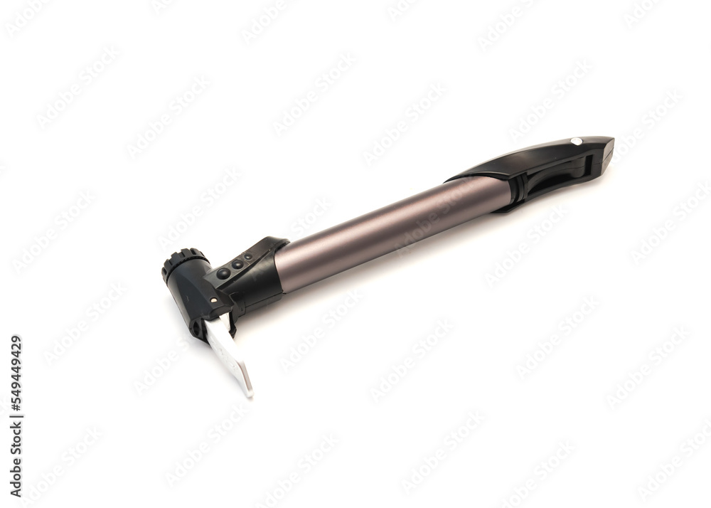 Compact mini bike pump fit with presta and schrader valve made of aluminum alloy and durable plastic isolated on white background Compact mini bike pump fit with presta and schrader valve made of aluminum alloy and durable plastic isolated on white background