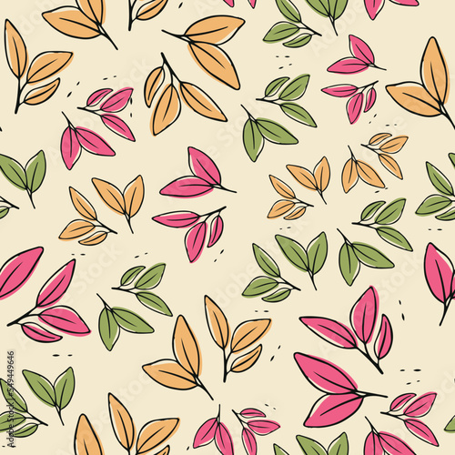 Rustic hand drawn leaves, autumn leaves, foliage pattern, seamless, colorful conversational print.Organic, sustainable, leaf illustrations for fashion, textile, wallpaper, packaging, girls, kids women