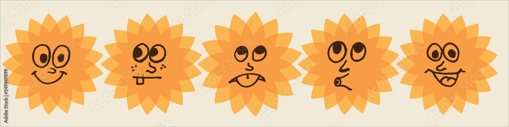 Set of suns. Cute sun. Yellow faces Emoji emoticons.  Sun characters collection in different facial expression for hot tropical sunny summer design hand drawn style
Vector illustration isolated