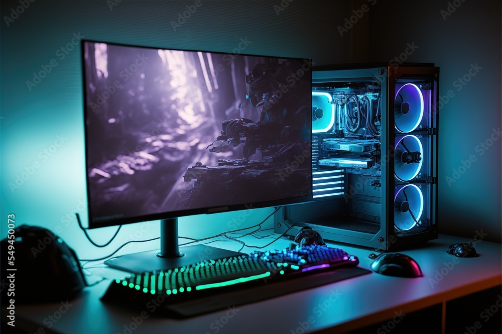 Computer Gaming Pc On Video Gaming Desk In Dark Room With Neon Light  Futuristic Modern Workplace Of Internet Blogger Streamer Or Computer Gamer  Monitor Transparent Computer Chair Ring Light Stock Illustration 
