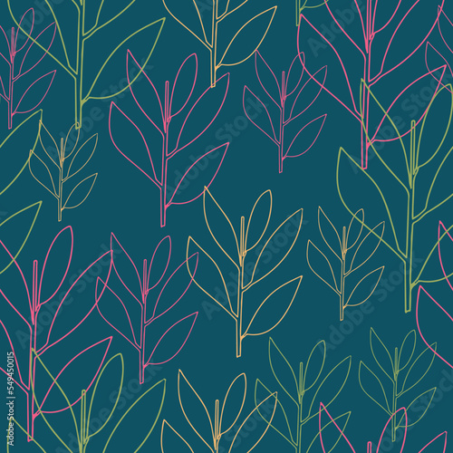 Simple, monochrome, seamless print, floral, foliage, leaves pattern with linear random, colorful stripes, vertical pattern for fabric, fashion and textiles