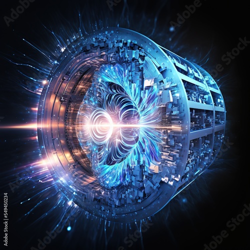 Hadron collider tech illustration. Futuristic modern Generative AI photo