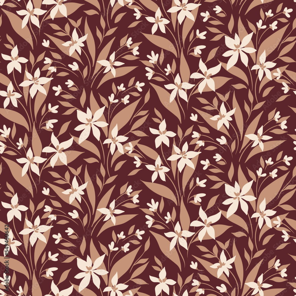Seamless floral pattern, elegant ditsy print with liberty wild field. Pretty flower design with vintage motif. Small hand drawn flowers, tiny leaves, twigs on burgundy background. Vector illustration.