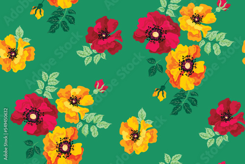 Seamless floral pattern with large bright flowers on green background. Beautiful botanical print, flower design with hand drawn plants: flowers with buds, leaves in summer colours. Vector illustration