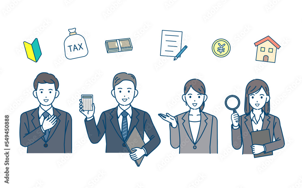 税金やお金について説明する税理士、ビジネスパーソンのイラスト 税金やお金について説明する税理士、ビジネスパーソンのイラスト