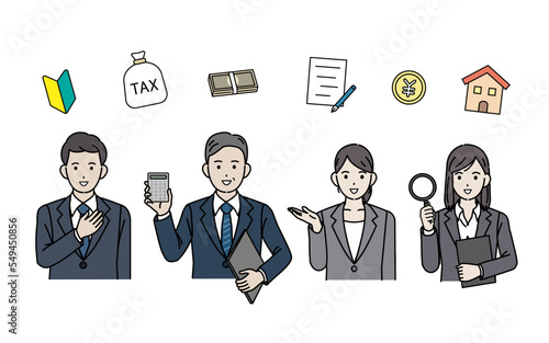 税金やお金について説明する税理士、ビジネスパーソンのイラスト