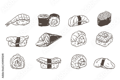Vector set of sushi icons. Sushi icons doodle collection