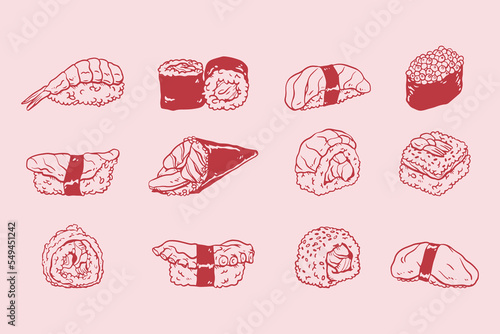 Vector set of sushi icons. Sushi icons doodle collection