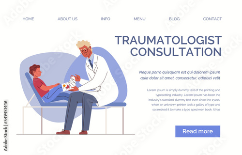 Child with broken on consultation with traumatology. Doctor examines patient. Treatment of victim with plaster cast on his leg. Vector characters illustration. Web template, landing page, website