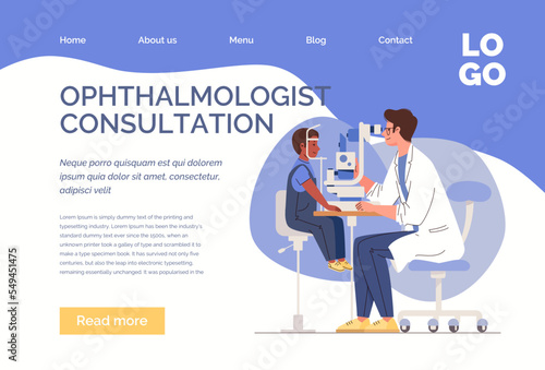 Ophthalmologist checks eyesight of small patient with slit lamp. Conceptual illustration of optometry, ophthalmic diagnostics, vision correction. Vector illustration. Web template, landing page.