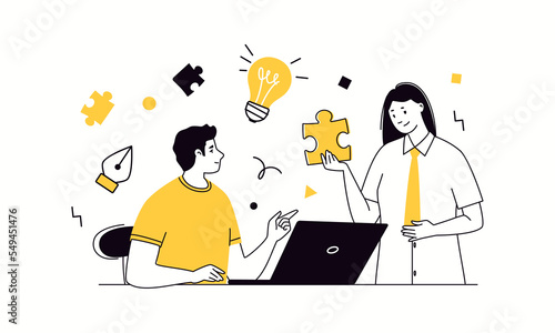 Creative people looking for new ideas and nonstandard solutions. Modern business concept illustration. Flat cartoon vector illustration.