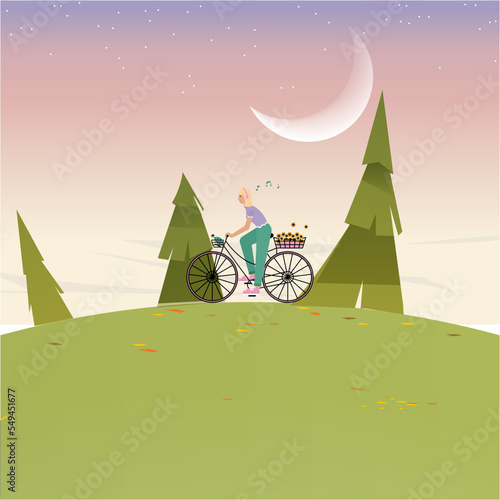 a woman riding bike with turtle pet in the forest