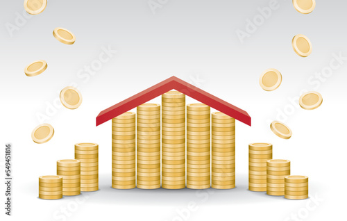 piles of coin and house roof illustration vector with copy space