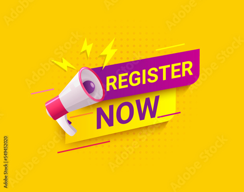 Register now, Social message in dynamic style on halftone bright background with lightnings and megaphone. Free registration, design template for web, banner, poster, social media and post.Vector