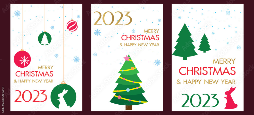 Fototapeta premium Set of greeting card for celebrate 2023 new year, calendar and symbol of Christmas balls with shape of rabbit, snow flex and Christmas tree. 