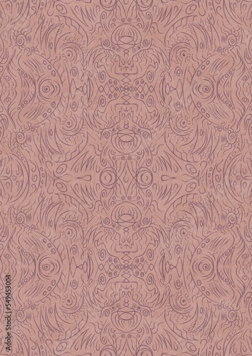 Hand-drawn abstract seamless ornament. Purple on a pale pink background. Paper texture. Digital artwork, A4. (pattern: p03d)