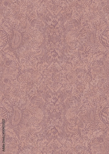 Hand-drawn abstract seamless ornament. Purple on a pale pink background. Paper texture. Digital artwork, A4. (pattern: p04d)