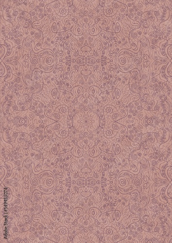 Hand-drawn abstract seamless ornament. Purple on a pale pink background. Paper texture. Digital artwork, A4. (pattern: p06d)