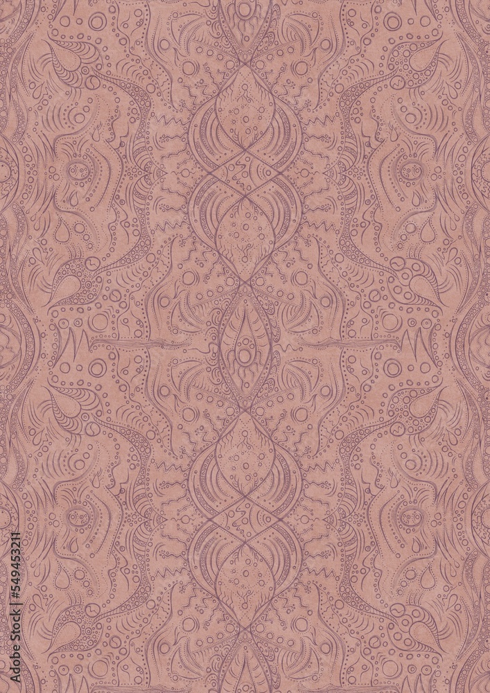 Hand-drawn abstract seamless ornament. Purple on a pale pink background. Paper texture. Digital artwork, A4. (pattern: p09d)