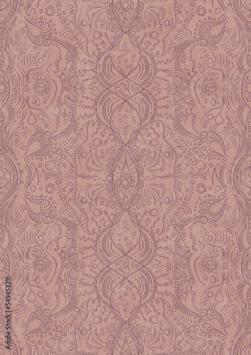 Hand-drawn abstract seamless ornament. Purple on a pale pink background. Paper texture. Digital artwork, A4. (pattern: p09d) © Maria