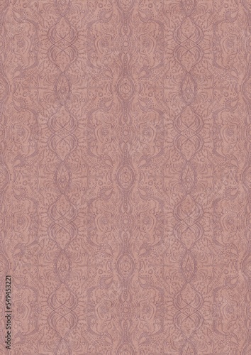 Hand-drawn abstract seamless ornament. Purple on a pale pink background. Paper texture. Digital artwork, A4. (pattern: p09e)