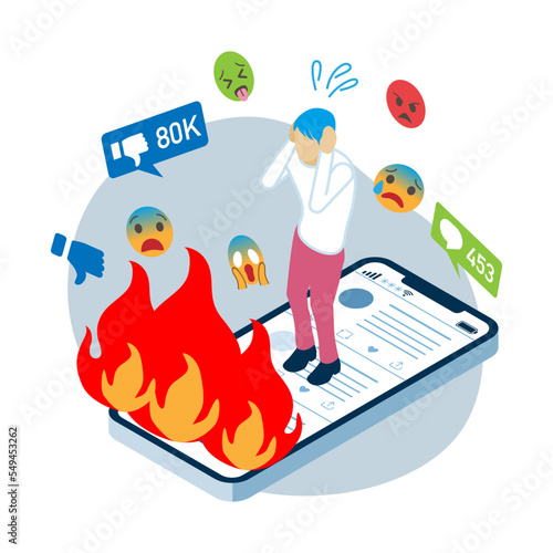 Young man who wear long sleeves shirts got flamed on social media - isometric view